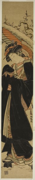 Young Woman with Umbrella Walking in Snow, c. 1777, Isoda Koryusai, Japanese, 1735-1790, Japan,