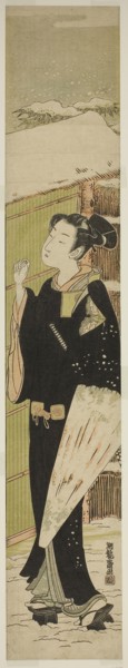 Young Man with Umbrella Knocking on Gate in Snow, c. 1774, Isoda Koryusai, Japanese, 1735-1790,