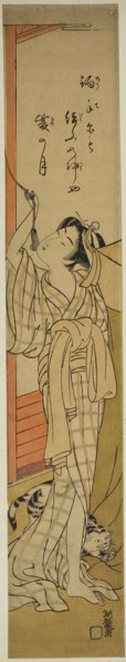 Young Woman Hanging a Mosquito Net as Cat Plays at Her Feet, c. 1774, Isoda Koryusai, Japanese,
