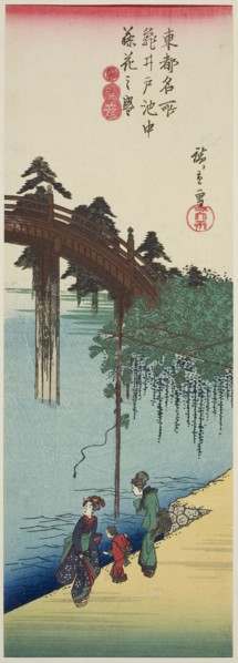 Wisteria in Full Bloom over the Pond at Kameido Shrine (Kameido ike chu fujibana no sakari), from