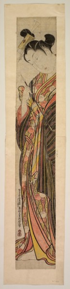A courtesan holding a pipe, mid–1740s, Okumura Masanobu, Japanese, 1686-1764, Japan, Hand-colored