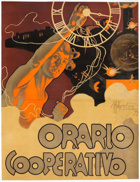 Time Cooperative, 1899, Adolf Hohenstein, Russian, 1854-1928, Russia, Color lithograph on cream