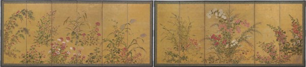 Flowers of All Seasons, mid–17th century, Japanese, Japan, Pair six-panel screens, ink, color, and