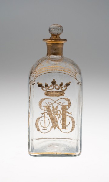 Bottle with Stopper, c. 1771, Spain, Glass with gilt decoration, 18.1 x 7.8 x 7.9 cm (7 1/8 x 3