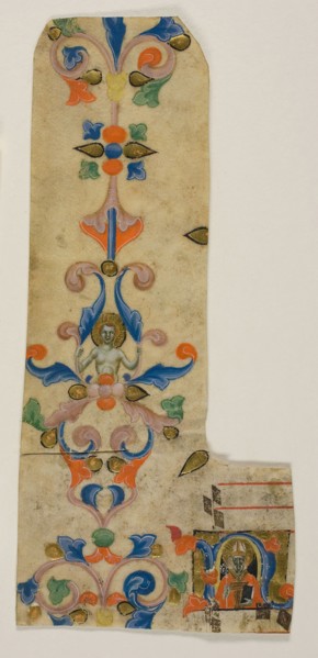 Bishop Saint Zenobius in a Historiated Initial N with Decorated Border from a Laudario, c. 1340,