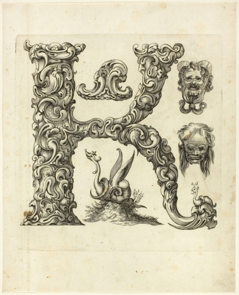 Letter K, 1630, Peter Aubry, German, 1596-1668, Germany, Engraving on paper, 260 x 210 mm