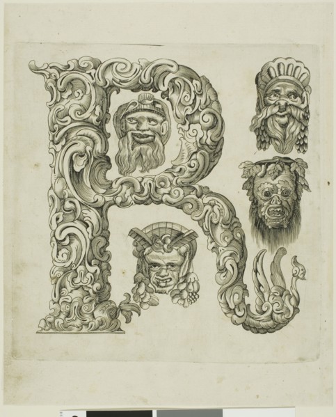 Letter R, 1630, Peter Aubry, German, 1596-1668, Germany, Engraving on paper, 243 x 199 mm