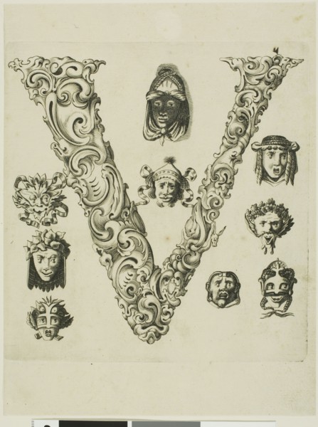 Letter V, 1630, Peter Aubry, German, 1596-1668, Germany, Engraving on paper, 239 x 181 mm