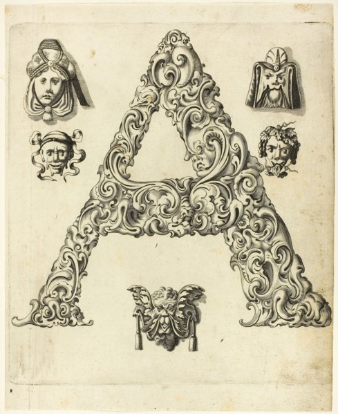 Letter A, 1630, Peter Aubry, German, 1596-1668, Germany, Engraving on paper, 263 x 214 mm
