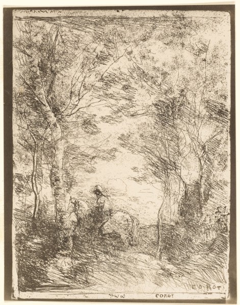 The Rider in the Woods, small plate, 1854, Jean-Baptiste-Camille Corot, French, 1796-1875, France,
