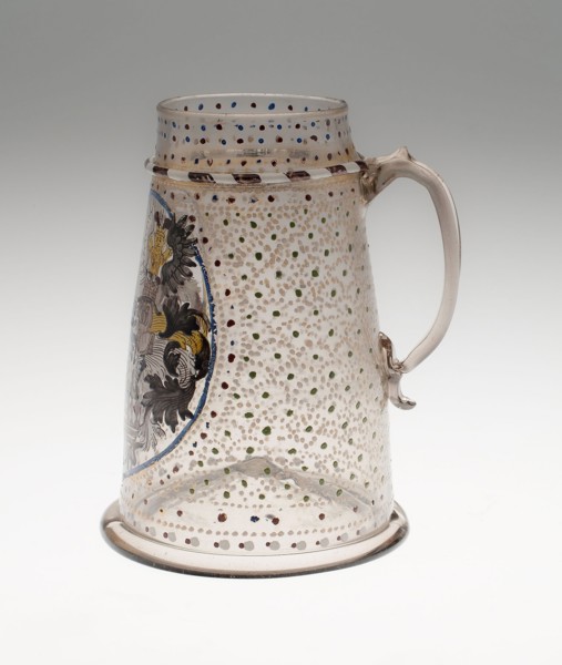 Tankard with Mansfeld Arms, 1590/1600, German, probably Saxony, Saxony, Colorless glass, enamel, H.