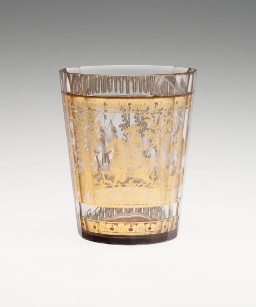 Beaker, c. 1730, Bohemia, Czech Republic, Bohemia, Glass with engraved gold leaf decoration, 8.9 ×