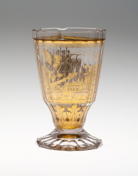 Beaker with Battle Scene, c. 1730, Bohemia, Czech Republic, Bohemia, Glass with engraved gold leaf