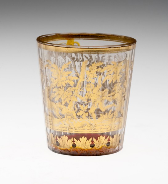 Beaker, c. 1730, Bohemia, Czech Republic, Bohemia, Glass with engraved gold leaf decoration, 7.6 ×