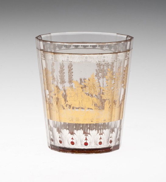 Beaker, c. 1730, Bohemia, Czech Republic, Bohemia, Glass with engraved gold leaf decoration, 7.9 ×