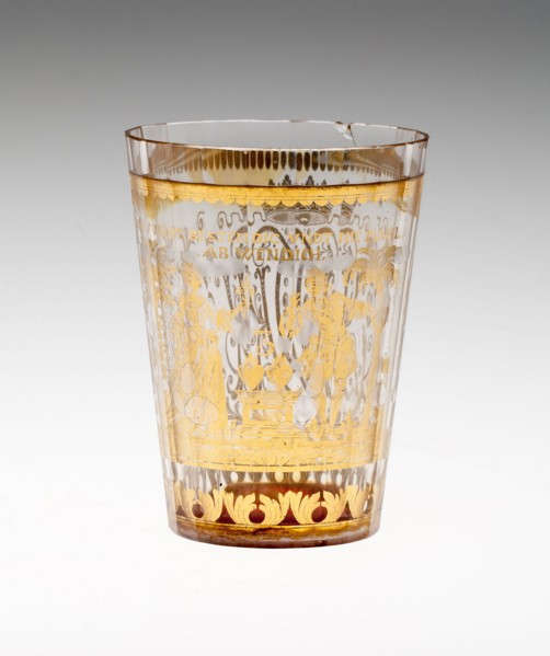 Beaker, c. 1730, Bohemia, Czech Republic, Bohemia, Glass with engraved gold leaf decoration, 9.2 ×