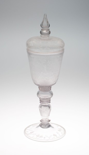Covered Goblet (Pokal) with a Bear Hunt, 1680/1700, Germany, Nuremberg, Nuremberg, Glass, H. 38.1