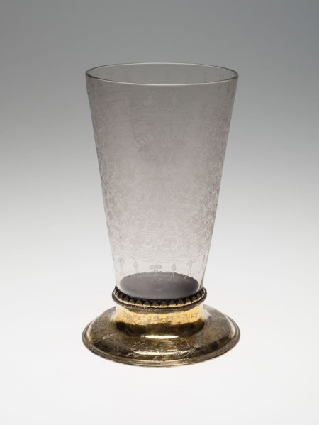Beaker, 1600/25, Germany, Glass with silver gilt foot, 23.2 x 12.7 cm (9 1/8 x 5 in.)