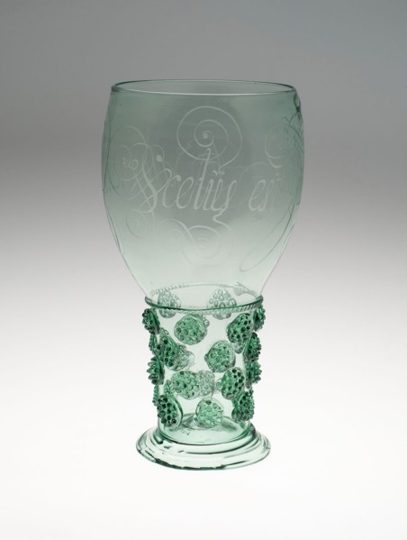 Calligraphic Prunted Beaker (Roemer), c. 1660, Netherlands, Netherlands, Glass, 23.5 x 10.8 cm (9