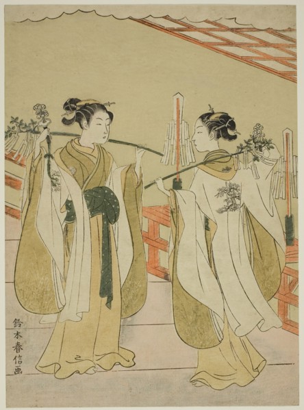 Shrine Maidens Onami and Ohatsu Dancing at Yushima Tenjin Shrine, c. 1769, Suzuki Harunobu ?? ??,