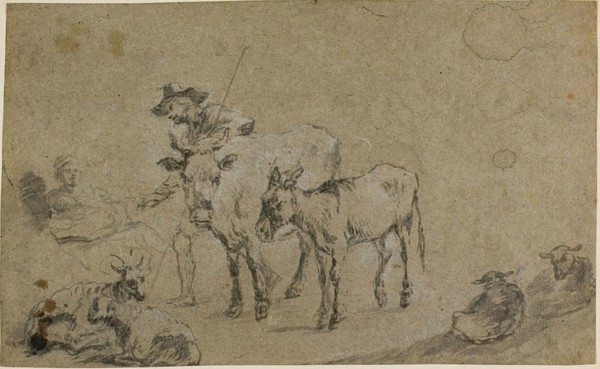 Herdsman with Cow, Donkey, Sheep, after Nicolaes Berchem the Elder, Dutch, 1621/22-1683, Holland,
