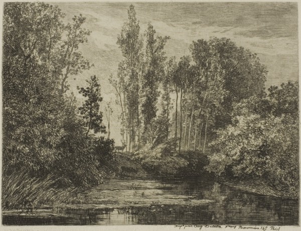 Stags at the Water’s Edge, 1850, Charles François Daubigny, French, 1817-1878, France, Etching,