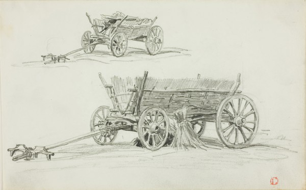 Two Sketches of an Ox Cart, c. 1850, Charles François Daubigny, French, 1817-1878, France, Graphite