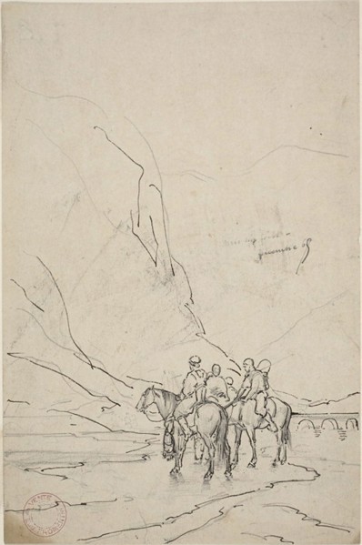 Men on Horseback Beside River, 1869, Eugène Fromentin, French, 1820-1876, France, Pen and brown