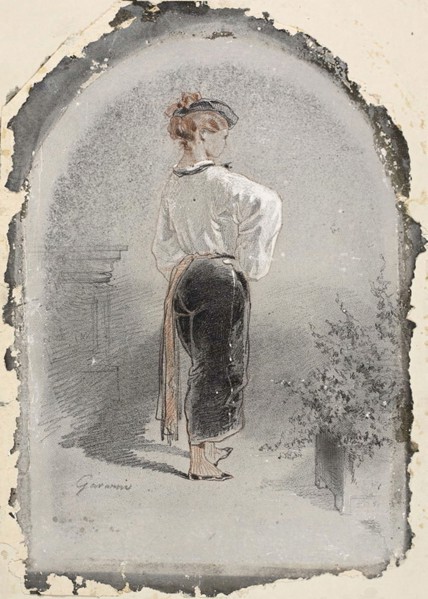 Woman in Spanish Costume, n.d., Paul Gavarni, French, 1804-1866, France, Graphite with red chalk,