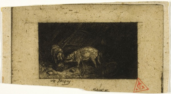 Two Pigs Eating from a Trough, 1844, Charles Émile Jacque, French, 1813-1894, France, Etching on