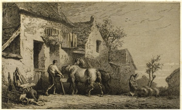 Entrance to an Inn, with Stable Boy, 1850, Charles Émile Jacque, French, 1813-1894, France, Etching