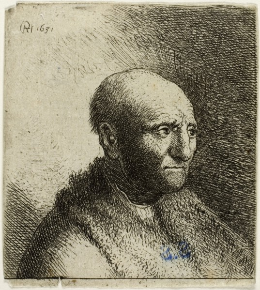 Bald Man in a Fur Cloak: Bust, 1631, Rembrandt van Rijn (Dutch, 1606-1669), possibly reworked by a