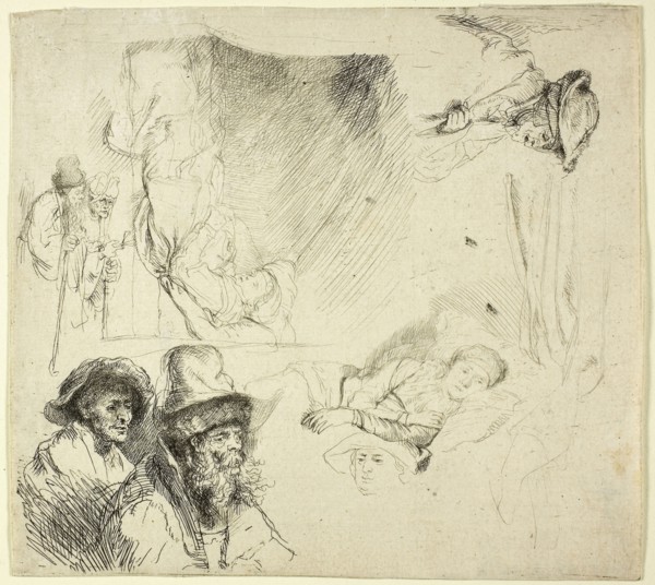 Sheet of Studies, with a Woman Lying Ill in Bed, c. 1639, Rembrandt van Rijn, Dutch, 1606-1669,