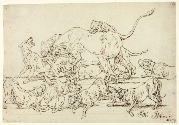 Dogs Attacking a Bull, 1789, Joseph Georg Wintter, German, 1751-1789, Germany, Pen and brown ink,