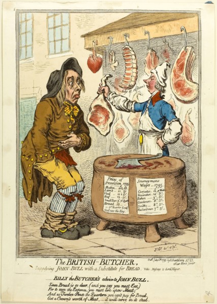 The British Butcher, Supplying John Bull with a Substitute for Bread, published July 6, 1795, James