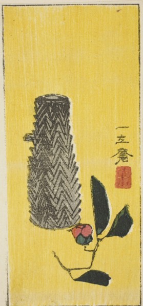 Camellia and basket, section of an untitled harimaze sheet, c. 1850s, Utagawa Hiroshige ?? ??,
