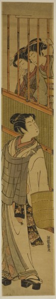 Two Young Women Looking out at Young Man Dressed as Komuso, c. 1774, Isoda Koryusai, Japanese,