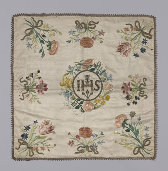 Chalice Cover, 19th century, Spain, Silk, warp-faced plain weave, embroidered in silk floss, metal