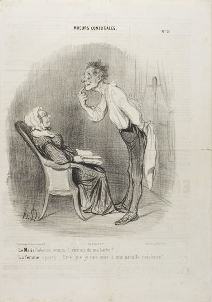 Husband: My dear, how about a first kiss on my chin? The wife (aside): To think that I am married
