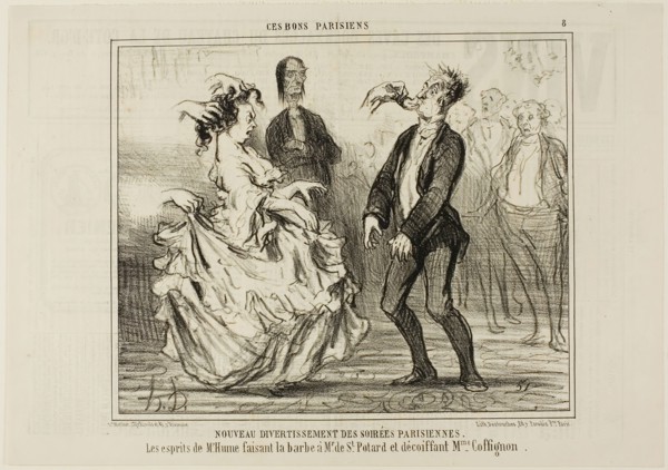 New Entertainment at the Parisian Evening Parties. The spirit of Mr. Hume shaving the beard of