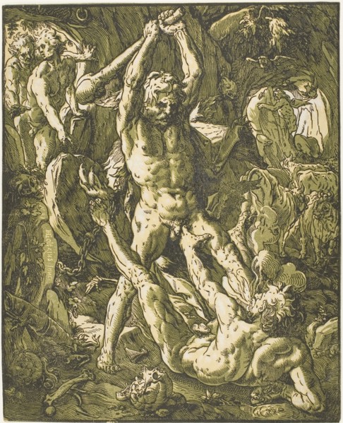 Hercules Killing Cacus, 1588, Hendrick Goltzius, Dutch, 1558-1617, Netherlands, Chiaroscuro woodcut