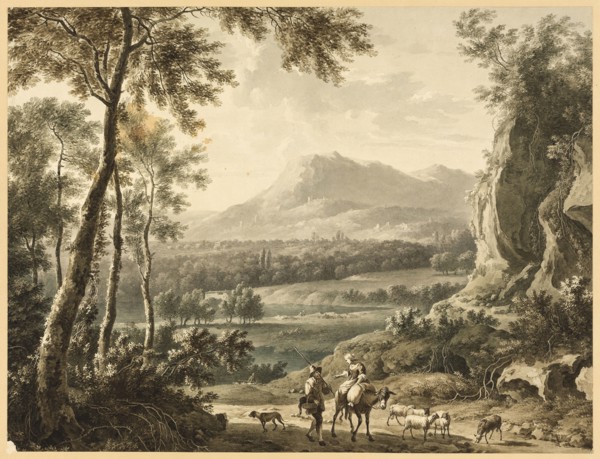 Italianate Landscape with Traveling Peasants in Foreground, 1700/99, After Frederick de Moucheron,