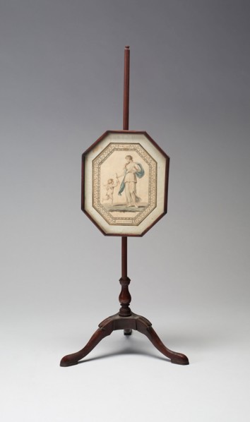 Pole Screen with Venus and Cupid, Late 18th century, England, Mahogany, hand colored engraving,