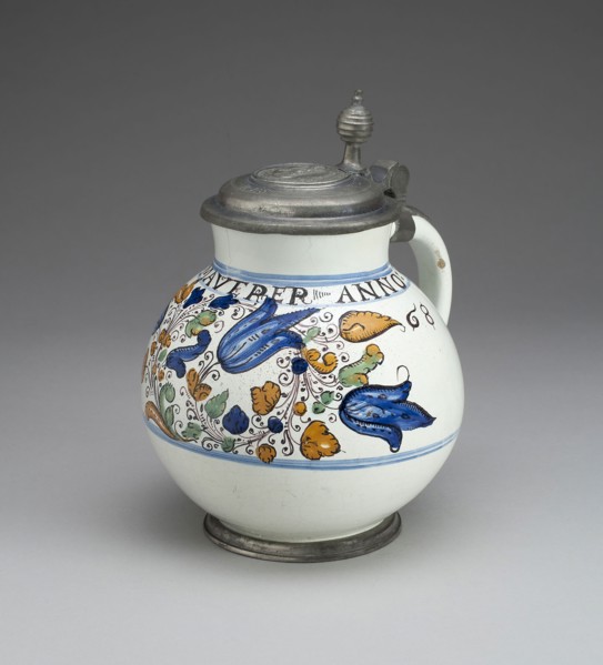 Jug, 1668, Hungary, Hungary, Tin-glazed earthenware (Habaner ware), pewter mounts, 22 x 18.4 cm (8