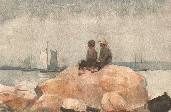 Two Boys Watching Schooners, 1880, Winslow Homer, American, 1836-1910, United States, Watercolor,