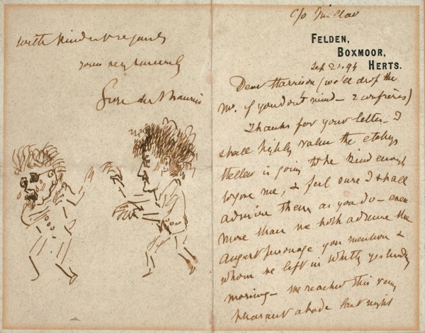 Letter with Drawing of Whistler Menacing Du Maurier, 1894, George Du Maurier, English, 1834-1896,