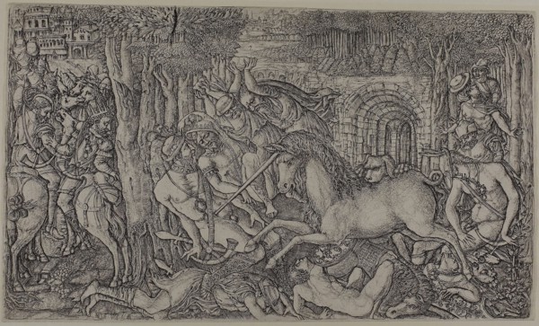 A King Pursued by a Unicorn, 1550/60, Jean Duvet, French, 1485-after 1561, France, Engraving on