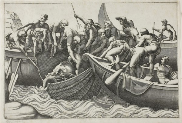 Fishermen Catching a Sea Monster, 1560/70, Adamo Scultori (Italian, c. 1530-1587), after Giulio