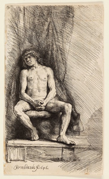 Nude Man Seated before a Curtain, 1646, Rembrandt van Rijn, Dutch, 1606-1669, Holland, Etching on