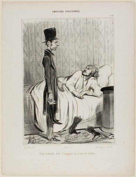Early morning visit of a creditor concerning the boots, plate 4 from Émotions Parisiennes, 1839,